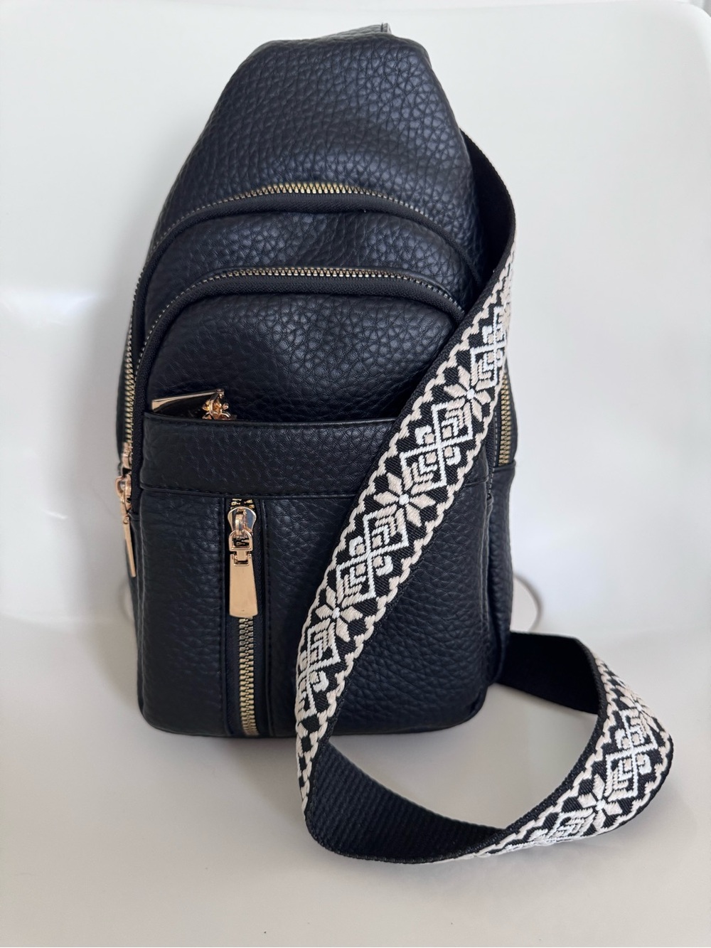 Black Leather Sling Backpack w Embroidered Boho Guitar Strap Crossbody Backpack - Picture 9 of 14